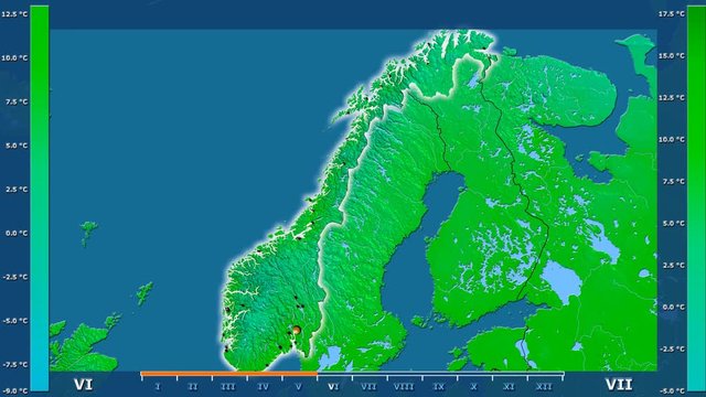 Minimum temperature by month in the Norway area with animated legend - glowing shape, administrative borders, main cities, capital. Stereographic projection