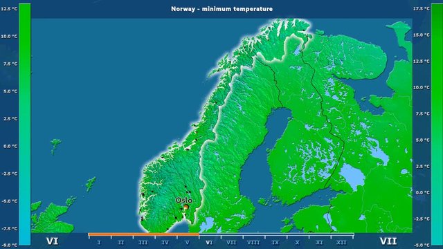 Minimum temperature by month in the Norway area with animated legend - English labels: country and capital names, map description. Stereographic projection