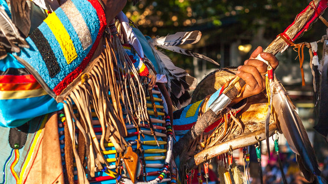 Native American Indian. close up of colorful dressed native man.