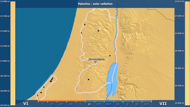 Solar radiation by month in the Palestina area with animated legend - English labels: country and capital names, map description. Stereographic projection