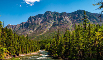 A panoramic view from a rustic rest bench alongJohns Lake Loop next to McDonald Creek, in GNP
