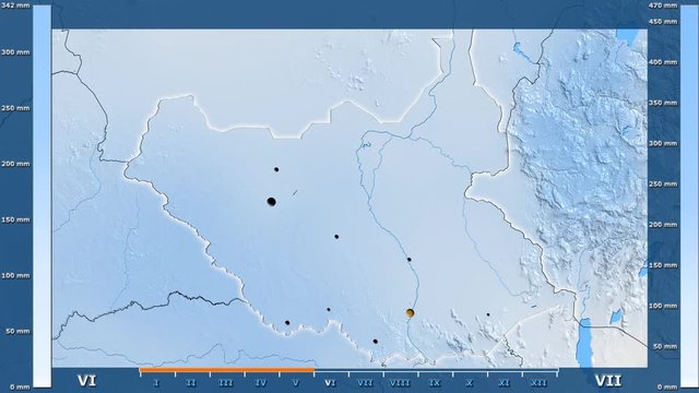 Precipitation by month in the South Sudan area with animated legend - glowing shape, administrative borders, main cities, capital. Stereographic projection