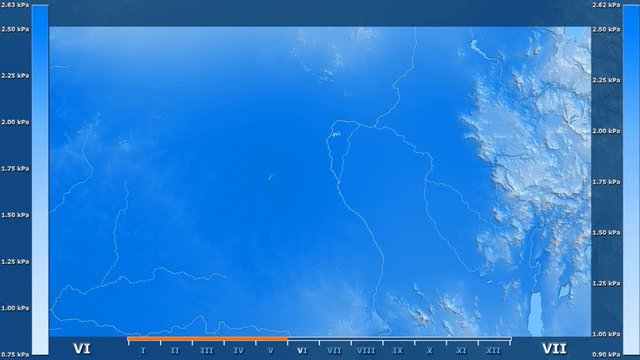 Water vapor pressure by month in the South Sudan area with animated legend - raw color shader. Stereographic projection