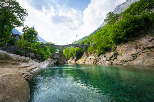 A beautiful view of Ponte Dei Saiti and Verzasca river, Lorcano, Switzerland
