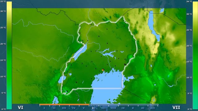 Average temperature by month in the Uganda area with animated legend - glowing shape, administrative borders, main cities, capital. Stereographic projection