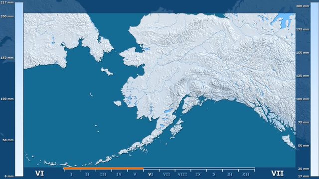 Precipitation by month in the Alaska (United States) area with animated legend - raw color shader. Stereographic projection