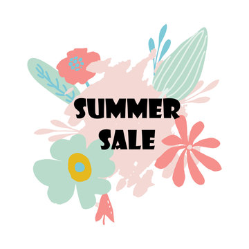 summer sale vector illustration for website and mobile website banners, posters, email and newsletter designs, ads, promotional material. Hand drawn design template abstract plants of pastel colors