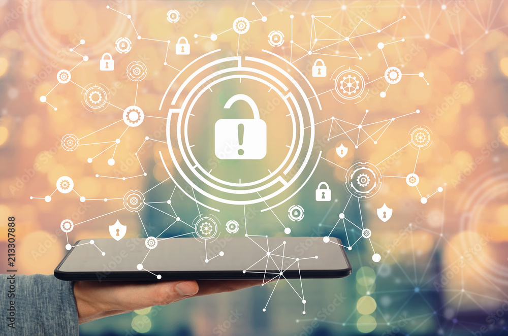 Poster unlock concept with man holding a tablet computer
