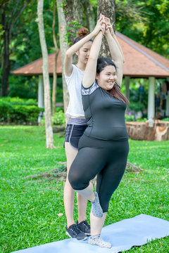 Asian Thin and overweight woman doing the tree yoga pose together in park, fat and fitness girls yoga exercise training with assistance of woman friend or personal trainer coach in park