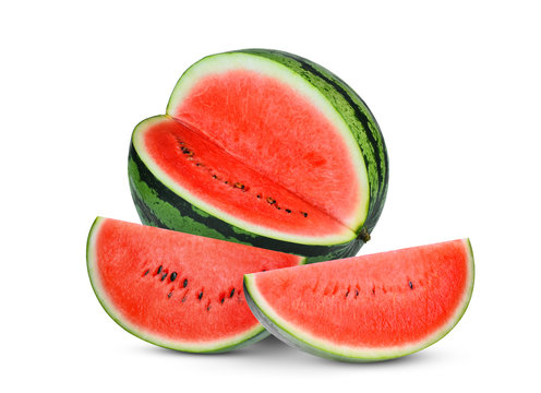 whole and slices red watermelon isolated on white background