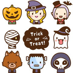 ハロウィンのかわいいモンスター　トリックオアトリート　顔　アイコン　セット