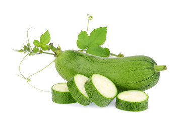 fresh green sponge gourd or luffa with leaf isolated on white background