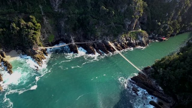Flying over Storms River Mouth by Tsitsikama National Park in the Garden Route of south Africa.