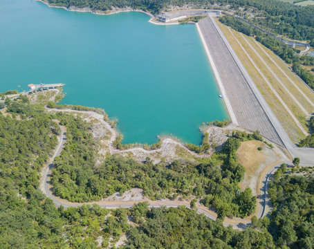 Drone aerial view of the dam of the lake Montedoglio an artificial lake, one of the biggest in Europe. Tuscany. Italy