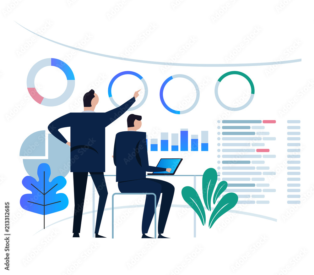Poster business analytics design concept and business team meeting for working on dashboard monitor. large 