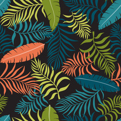 Fototapeta premium Tropical background with palm leaves. Seamless floral pattern. Summer vector illustration