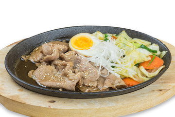 sliced pork steak on hot plate - Asian style