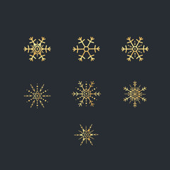 Vector set of golden snowflakes. Gold snowflakes on dark background.