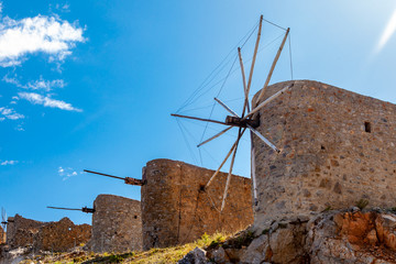 traditional stone winmills on the island of Crete, Greece