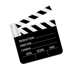 Obraz premium Clapperboard - movie clapper vector. Open black clapper board for the action scene or filming and shooting movie. Cinéma. Filmklappe geöffnet und leer.