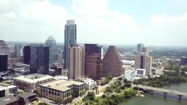 Panning drone video of the skyline in downtown Austin, Texas.
