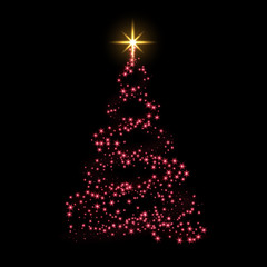 Fototapeta na wymiar Christmas tree card background. Red Christmas tree as symbol of Happy New Year, Merry Christmas holiday celebration. Sparkle light decoration. Bright gold star. Vector illustration