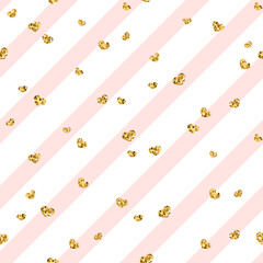 Gold heart seamless pattern. Pink-white geometric stripes, golden confetti-hearts. Symbol of love, Valentine day holiday. Design wallpaper, background, fabric texture. Vector illustration