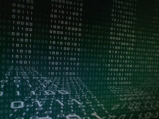 binary text coding background moving vertically on dark blue green color background with different thickness and transparency. 