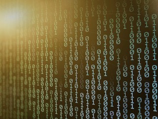 double exposure binary code dark green background for computer coding and big data concepts. Number one and zero line and lens flare double exposure 