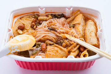 fast food of rice noodles with peanuts and dried beancurd etc