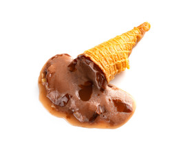 top view chocolate flavor ice cream cone melted on white background