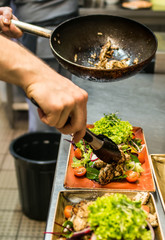 Grilled Chicken Breast fillet with fresh tomatoes vegetables salad. concept healthy food made by cook in the kitchen