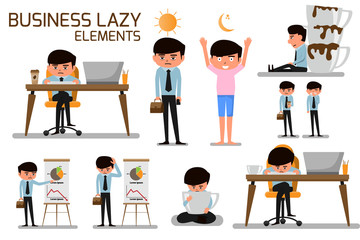 Obraz premium Business man lazy and need more of coffee and addiction. business cartoon character lazy and tired. vector illustration.