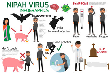 Nipah virus (niv) Infographics is a newly emerging zoonosis that causes severe disease in both animals and humans. Healthy cartoon concept vector illustration. Symptoms and prevention of Nipah Virus.