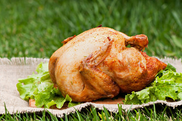 Baked chicken, on a green grass background. Natural food cooked on the grill.