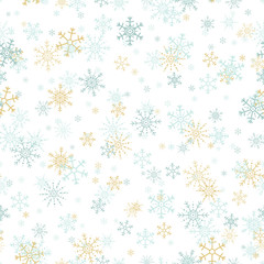 Vector seamless pattern of gold and blue snowflakes.