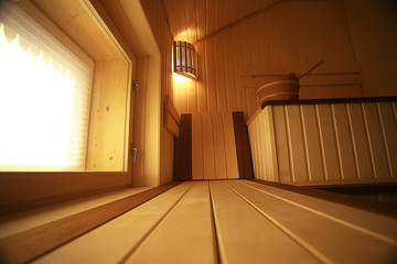 sauna, wooden interior baths, wooden benches and loungers accessories for sauna, spa complex in the...