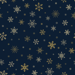 Seamless pattern of golden snowflakes on dark background. Gold s