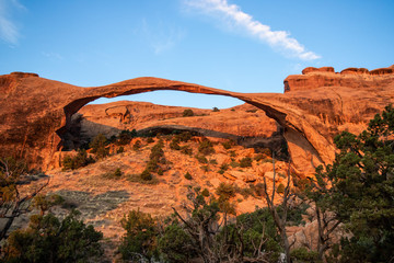 Morning sun hitting Landscape Arch in Arches National Park, Utah