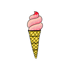 Vector illustration of Ice cream in the waffle cone with vanilla, chocolate, fruits. Cute doodle style illustration for product design. bright ice cream in a flat style isolated on a white background