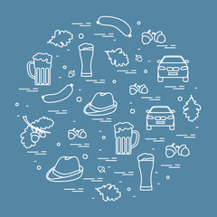 Vector illustration with various symbols of Germany arranged in a circle. Travel and leisure.