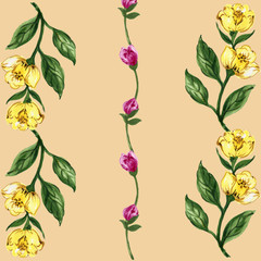 Pink and Yellow Green leaf on background Watercolor seamless botanical leaves pattern