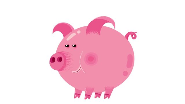 A few useful moves of cartoon animated pink pig character with transitions. Hog can walk, stop, go, jump, run, turn, sit and squeal. Alpha channel. Not for sausage, but for any animated project.