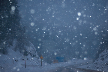 snow and fog on the winter road landscape / view of the seasonal weather a dangerous road, a winter lonely landscape