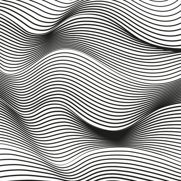 Abstract wavy deformed background. Black and white modern conceptual illusion. Vector squiggle lines, optical effect. Scientific waving pattern. EPS10 illustration