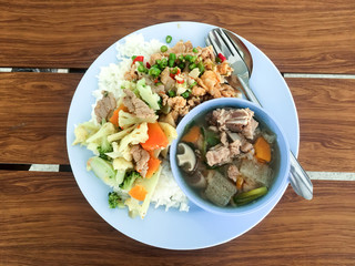 easy Thai food for lunch on the wooden table