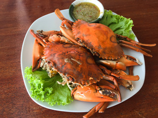 Stream egg crab with spicy sauce on dish