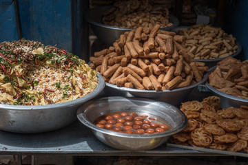 Fried snacks available at a food station, Ason Tol, Kathmandu, Nepal
