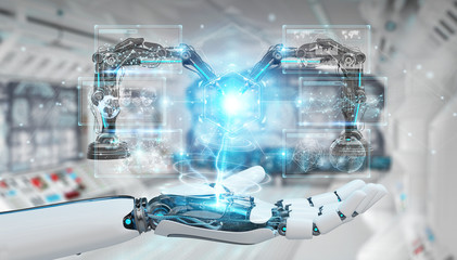 White robot hand using robotics arms with digital screen 3D rendering