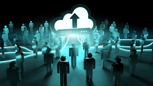 Digital cloud illuminating a group of people 3D rendering